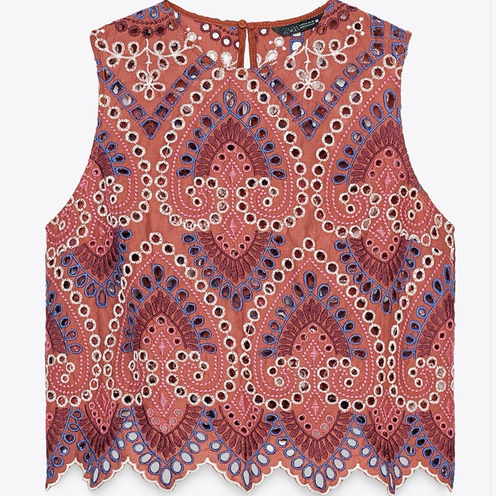 Zara Red/Pink/Cream/Purple Embroidered Eyelet Shell Top